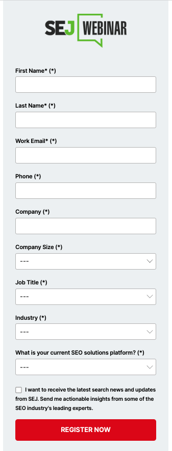 A CTA to register for a webinar with nine required form fields