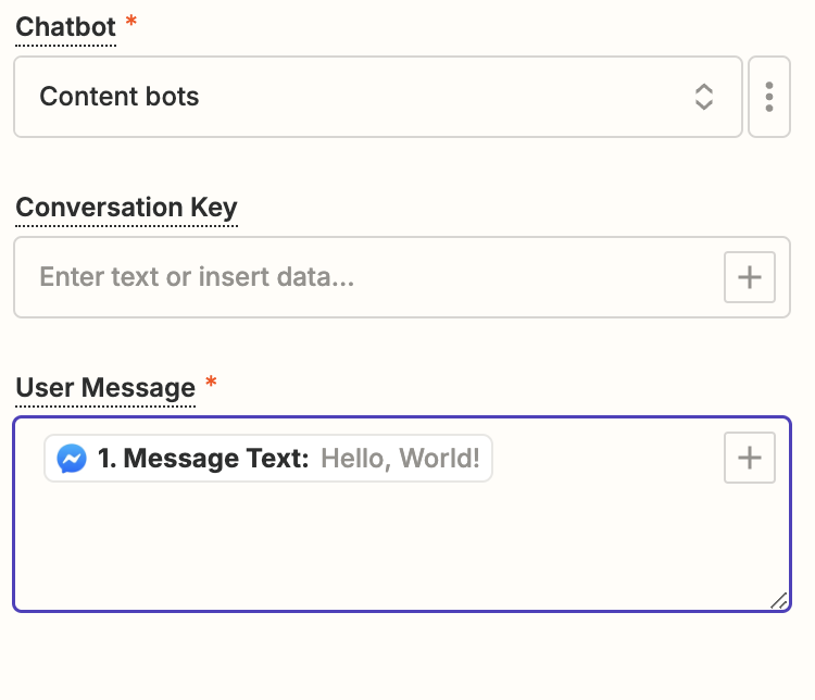 Screenshot of mapping data to user message fields