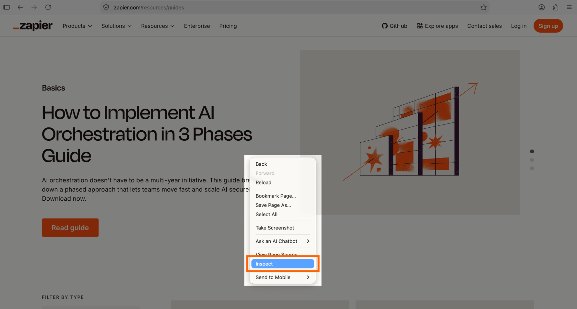 Expanded view of the right-click menu in Firefox with Inspect highlighted.