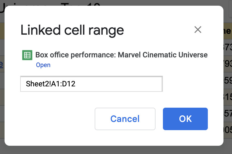 A pop-up window in Google Docs titled "Linked cell range." The cell range reads "Sheet2!A1:D12."