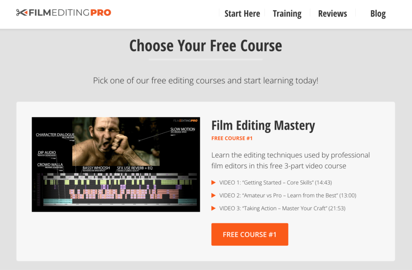 Course signup page on Film Editing Pro's website, a lead magnet example of access to a stream of exclusive content.