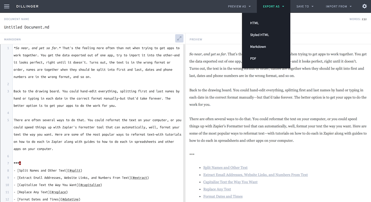 Export Markdown to the format you want with Dillinger
