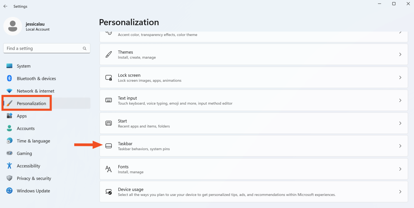 Personalization settings in Windows 11.