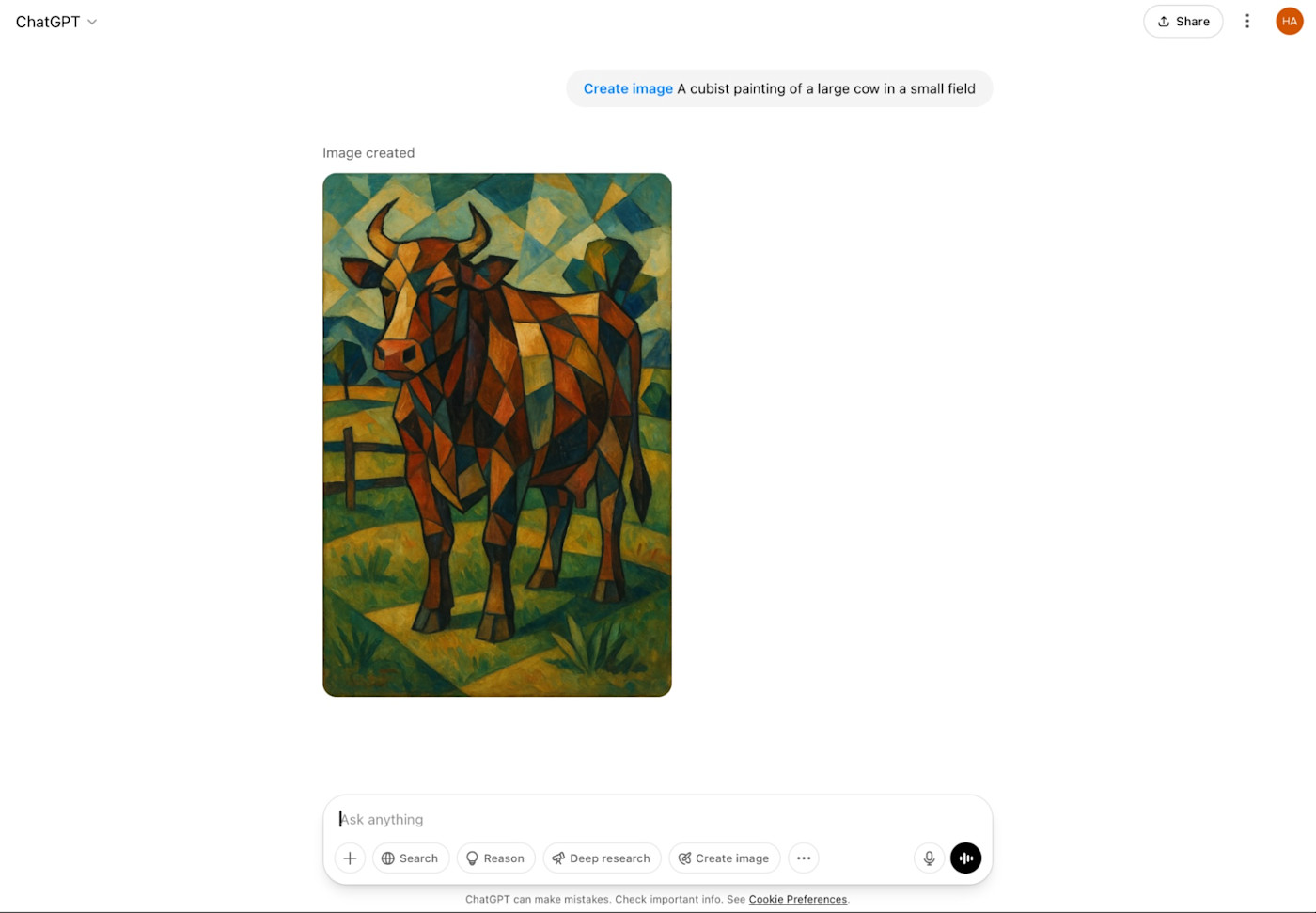 ChatGPT creating a cubist image of a cow in a field