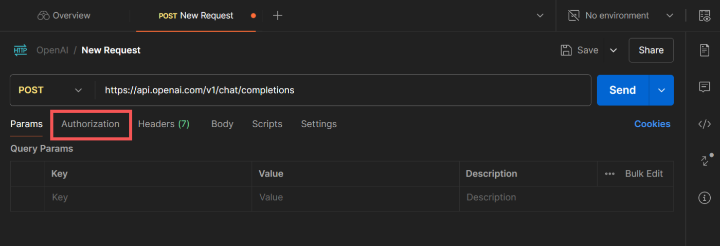 Clicking Authorization in Postman to authenticate the OpenAI API key