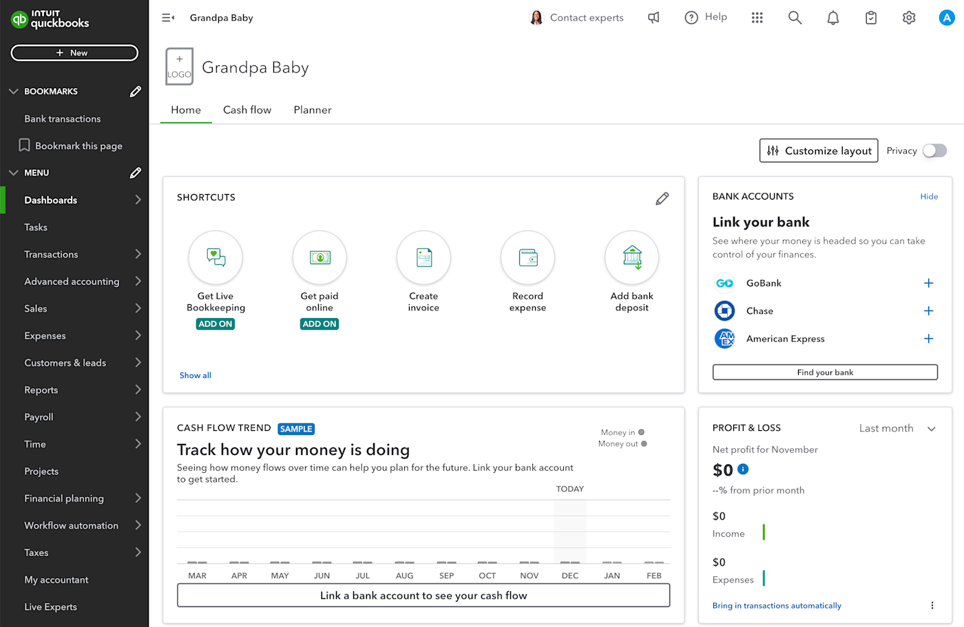 Screenshot of Quickbooks "business professional" interface.