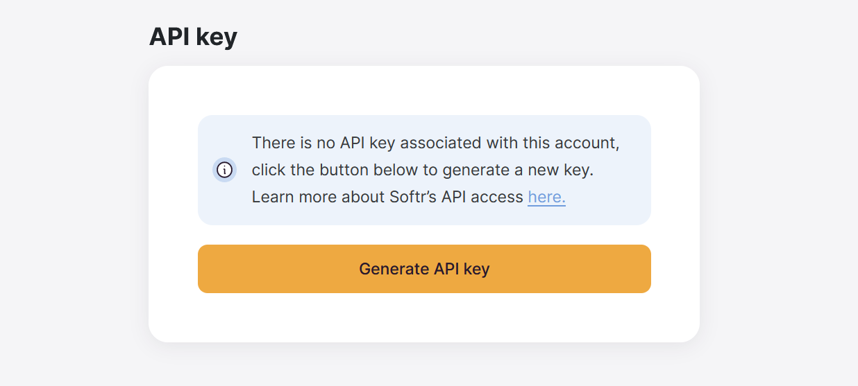 A button in the Softr app to generate an API key.