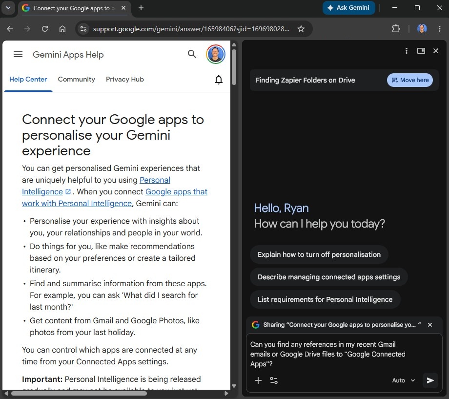Using Gemini connected apps in Google Chrome