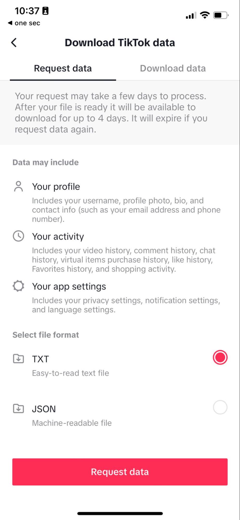 Selecting which data to download in TikTok