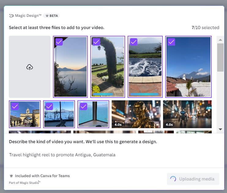 Uploading files for Canva's Magic Design for Video