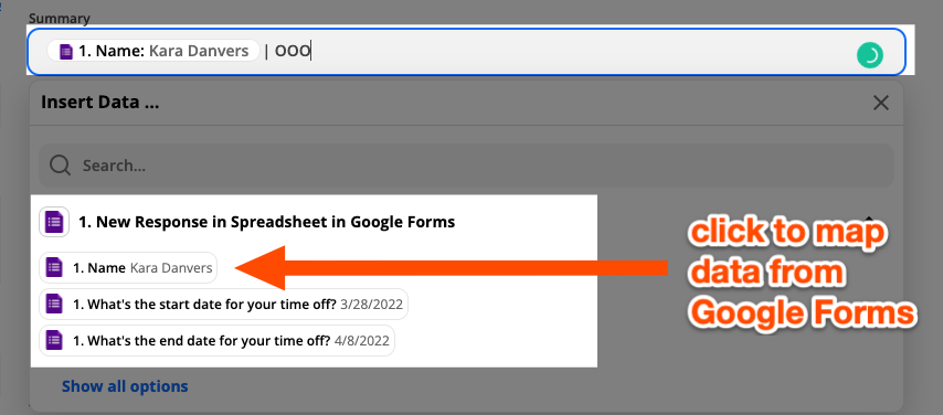 Field mapping in the Zap editor. In the Summary field, the Name value from Google Forms is selected. Below the Summary field is a dropdown menu of values from the Google Form trigger. A red arrow instructs the user to click the values to map data.