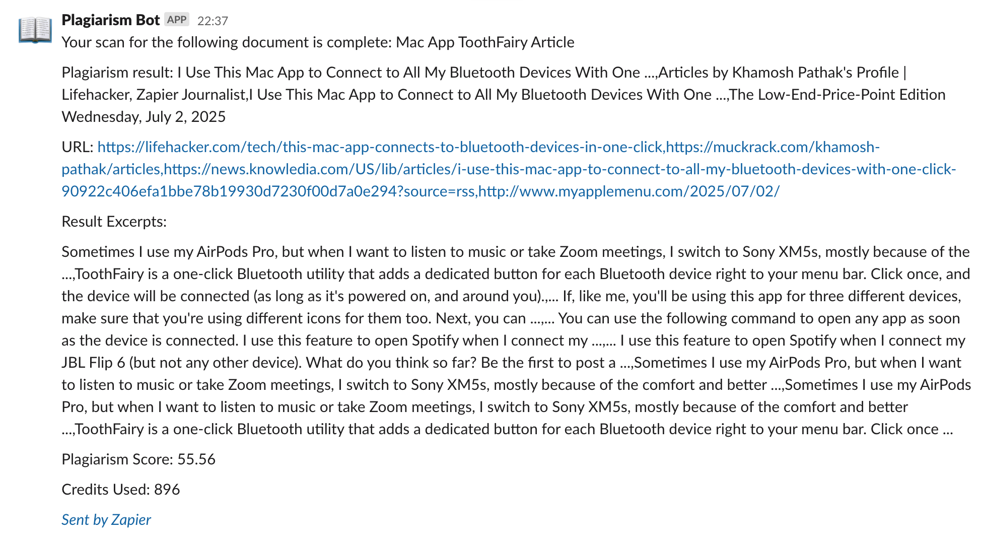 A Slack message from a bot named "Plagiarism Bot" showing the results of a Winston AI scan.