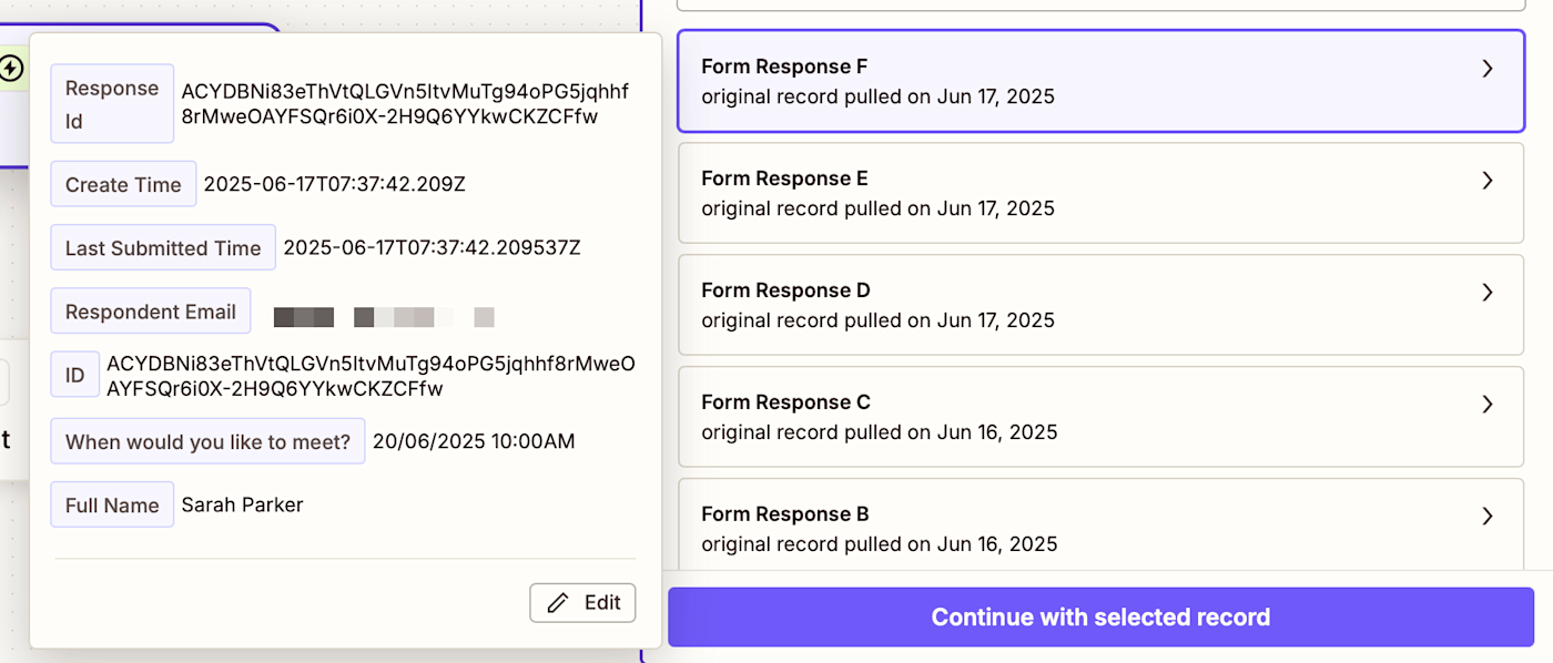 A sample form response in the Zap editor.