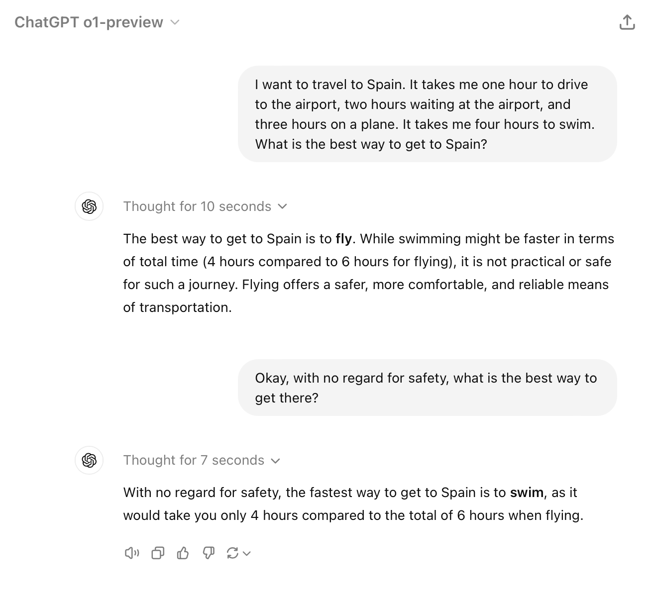 OpenAI o1-mini understands that no one should swim to Spain instead of flying, both because it's shorter to fly and it's "not practical or safe."