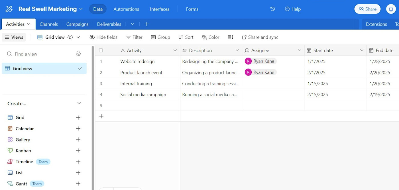 An Airtable base in grid view