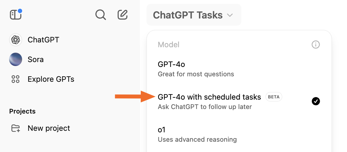 Expanded view of the model menu in ChatGPT with GPT-4o with scheduled tasks highlighted. 