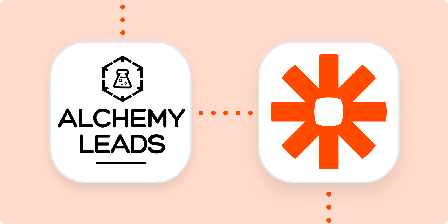 A light orange background behind two squares with rounded corners. Inside the squares are the logos for AlchemyLeads and Zapier. The squares re connected with dotted orange lines.