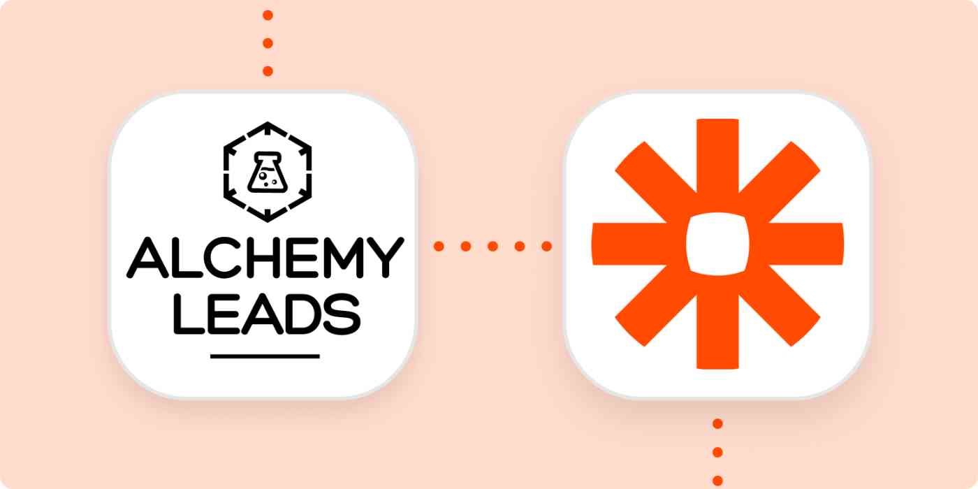 A light orange background behind two squares with rounded corners. Inside the squares are the logos for AlchemyLeads and Zapier. The squares re connected with dotted orange lines.