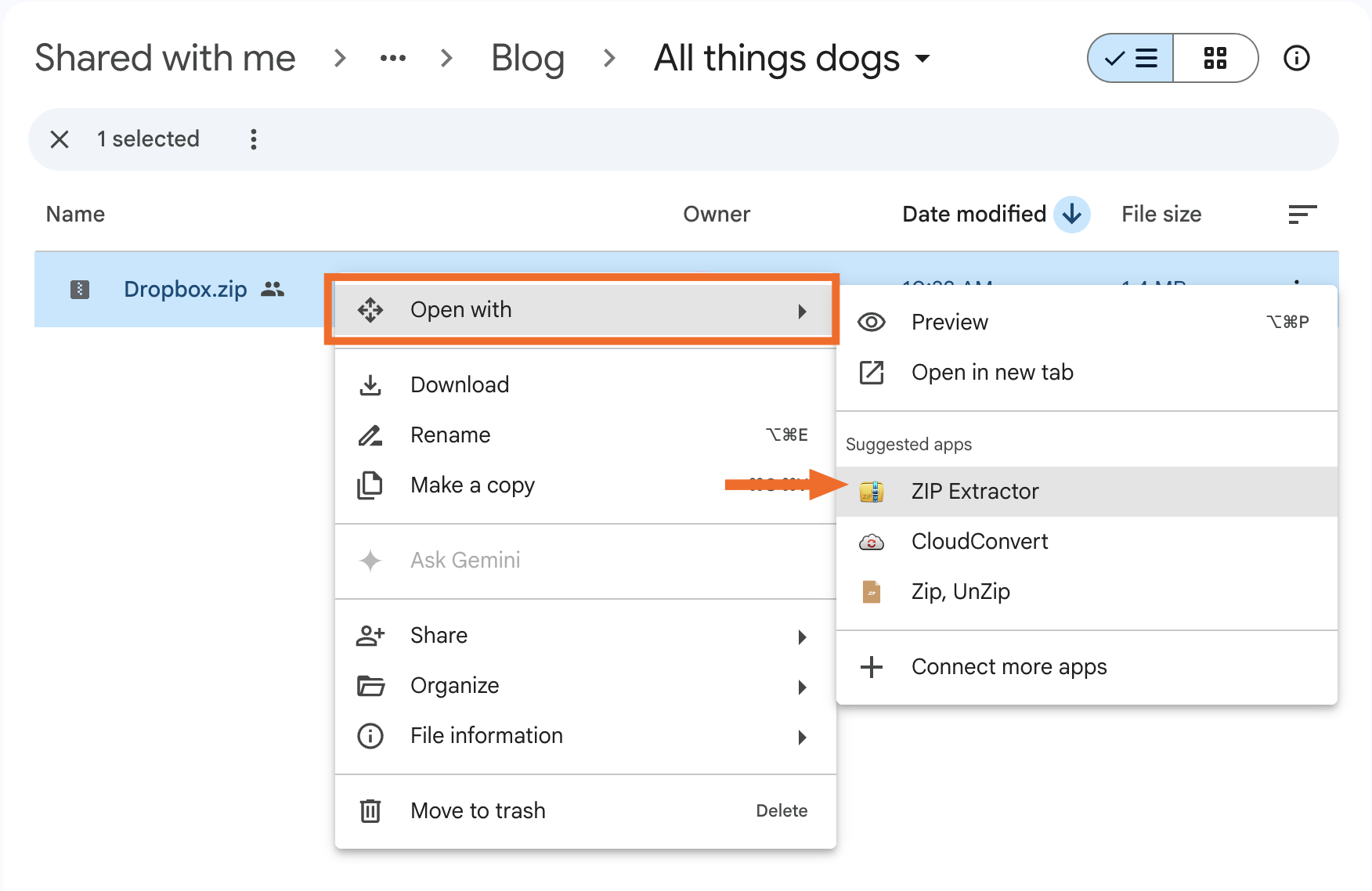 Choosing ZIP Extractor in Google Drive.