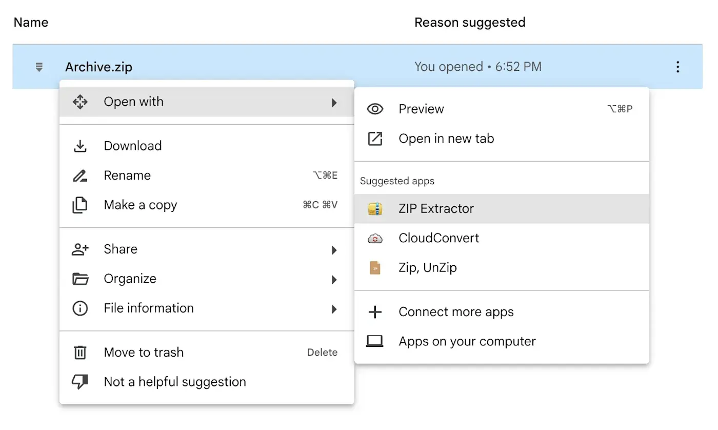 Choosing ZIP Extractor in Google Drive