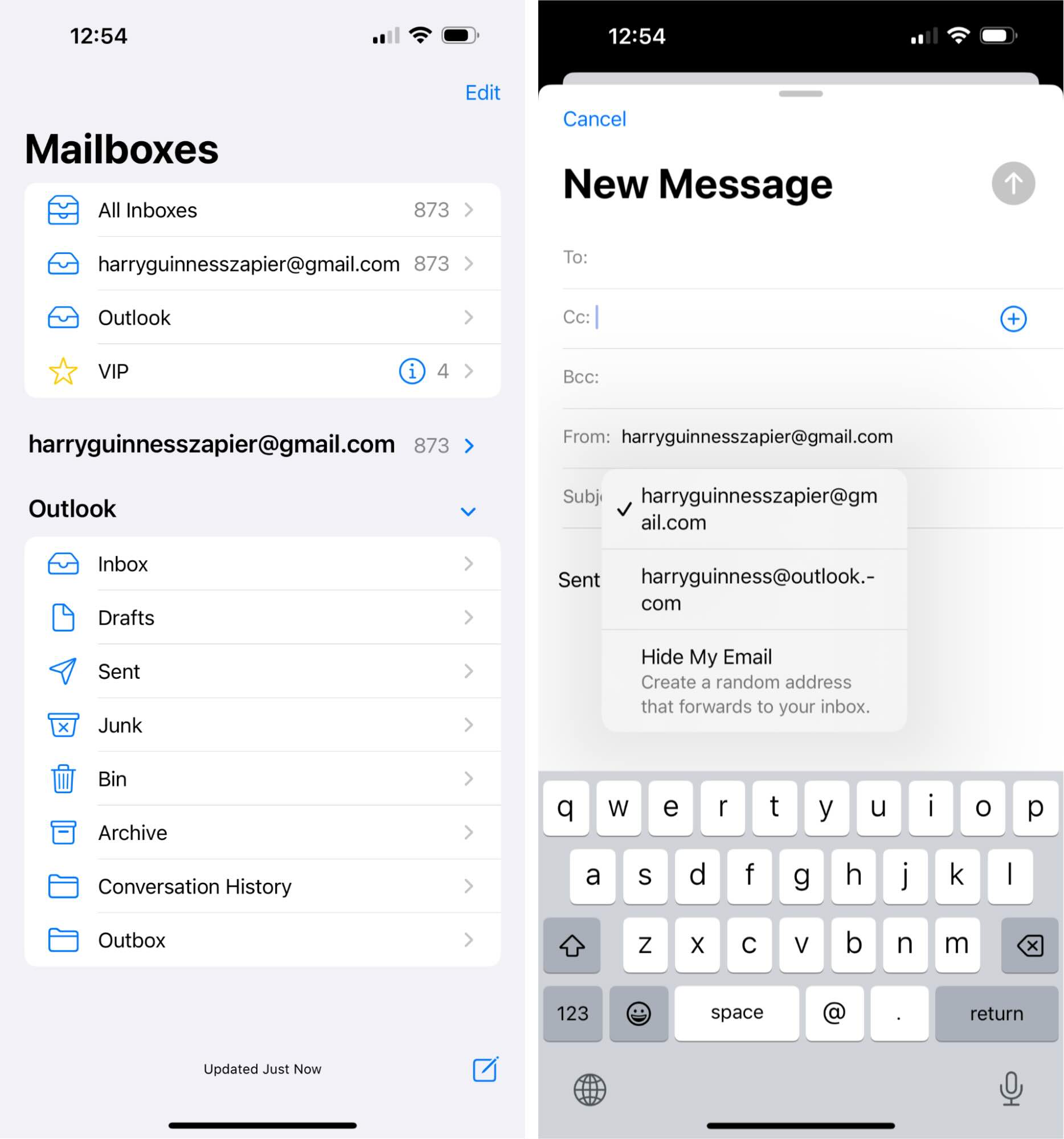 Apple Mail mailboxes list and sender account picker
