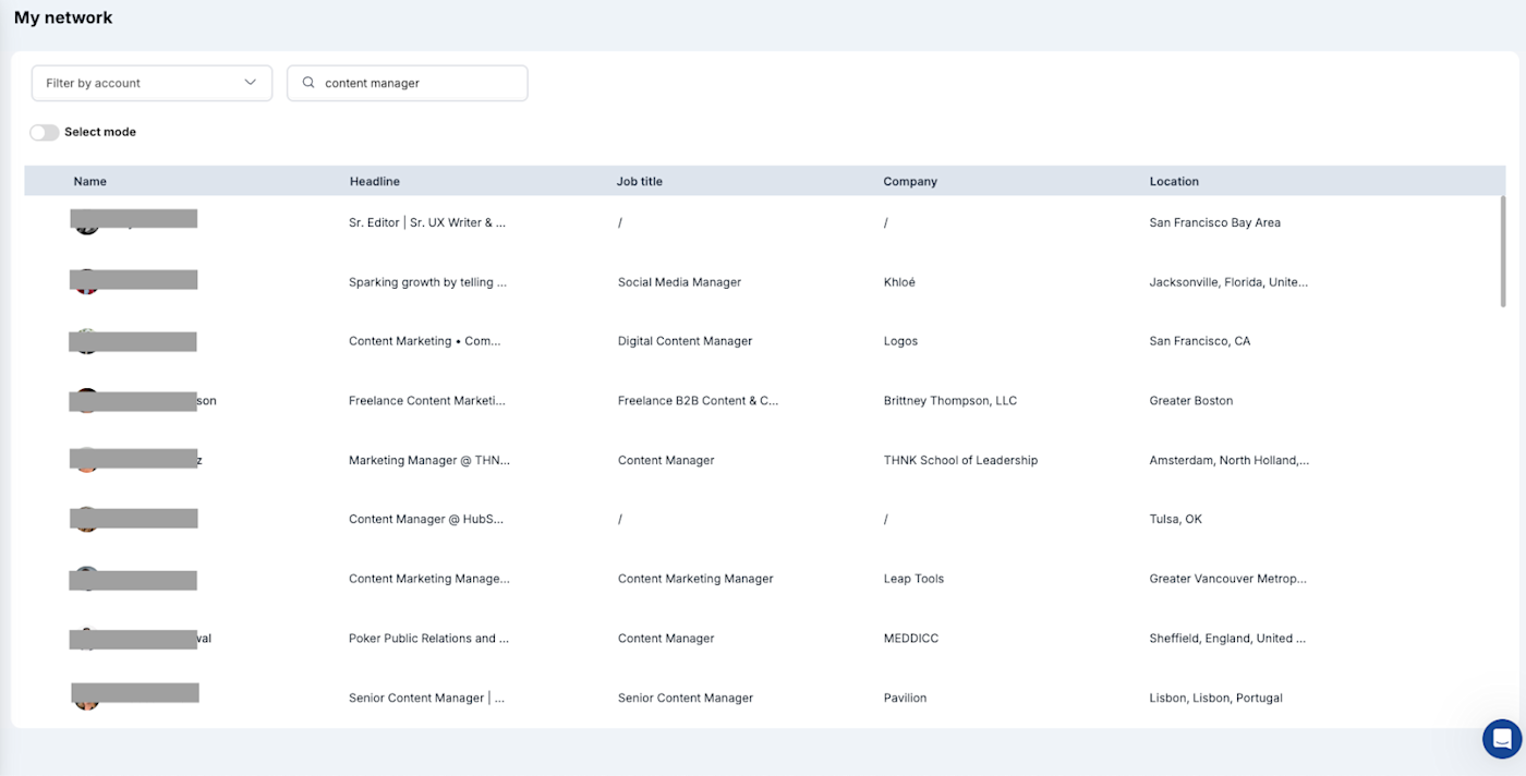 List of LinkedIn connections in HeyReach.