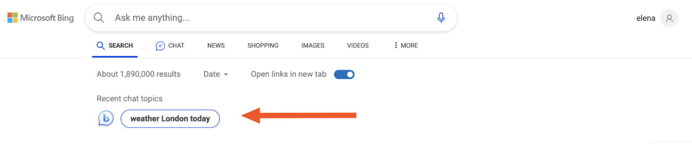 Bing чат, показващ последните ви чатове в търсенето