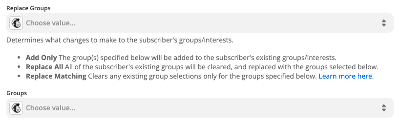 Mailchimp options including a Replace Groups fields with a description of what the changes mean.