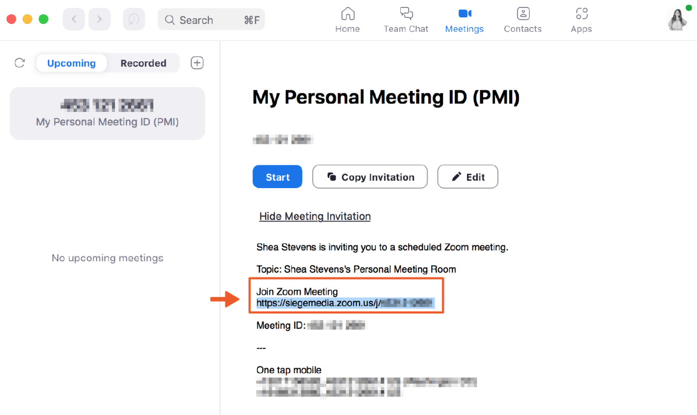 Screenshot of My Personal Meeting ID with an arrow pointing to the link under "Join Zoom Meeting."
