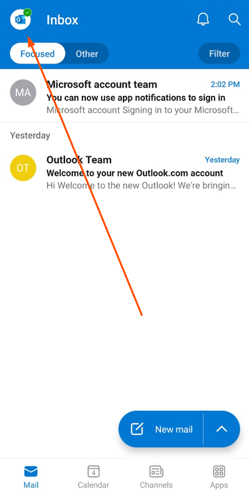 Screenshot of mobile Outlook inbox