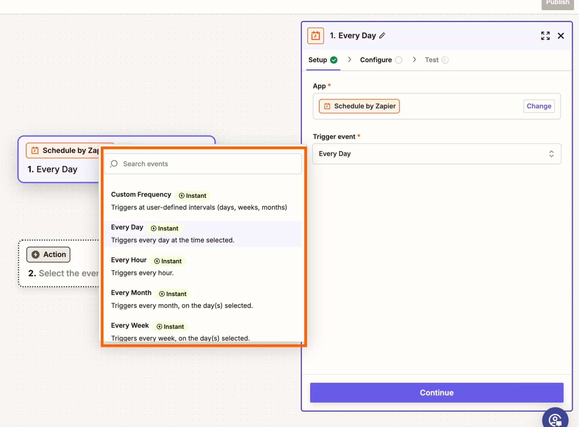 Choosing the trigger frequency on Zapier
