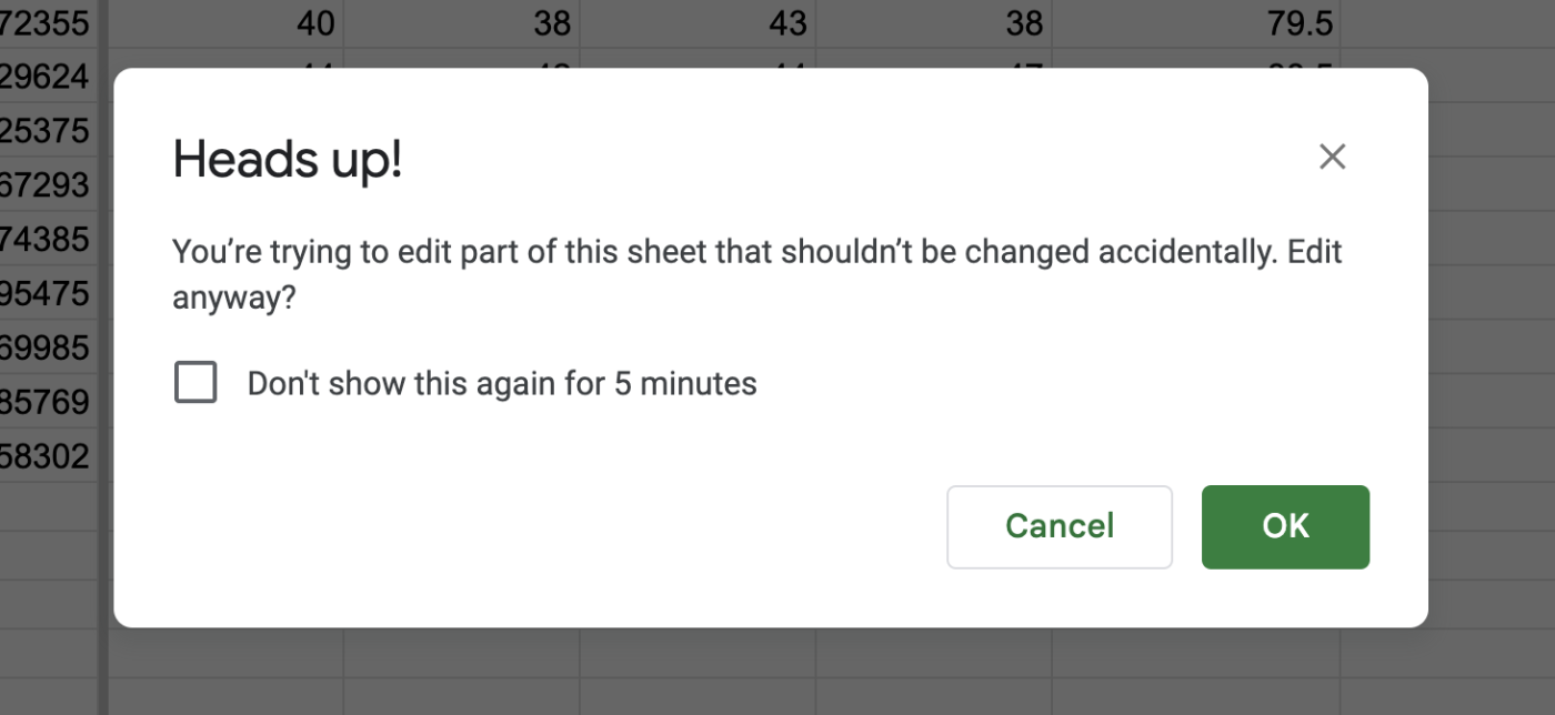 Warning that appears in Google Sheets when a user tries to edit a locked cell. 