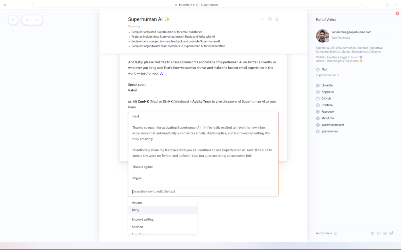 Superhuman, our pick for the best AI email assistant for keeping your inbox organized