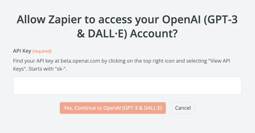 A popup window asking for permission for Zapier to access your OpenAI account.