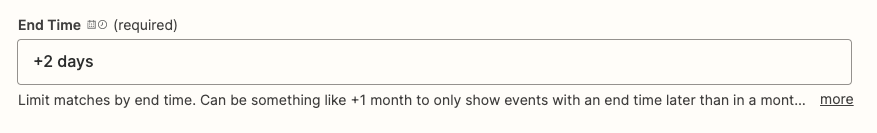 Configuring the end time to limit the search to within a PagerDuty schedule. "+2 days" is typed in.