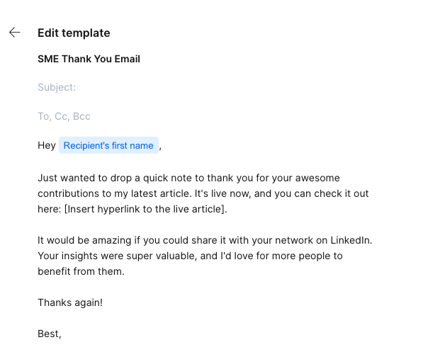 Example of a Spark email thank you message template. 