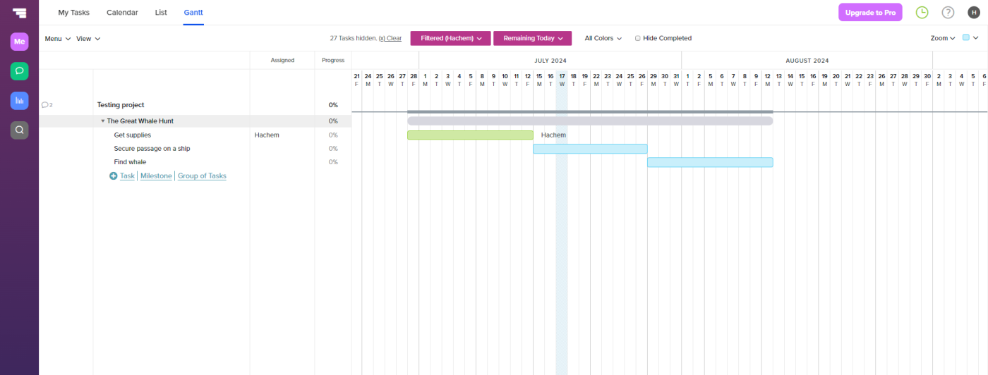 Screenshot displaying TeamGantt’s Gantt functionality