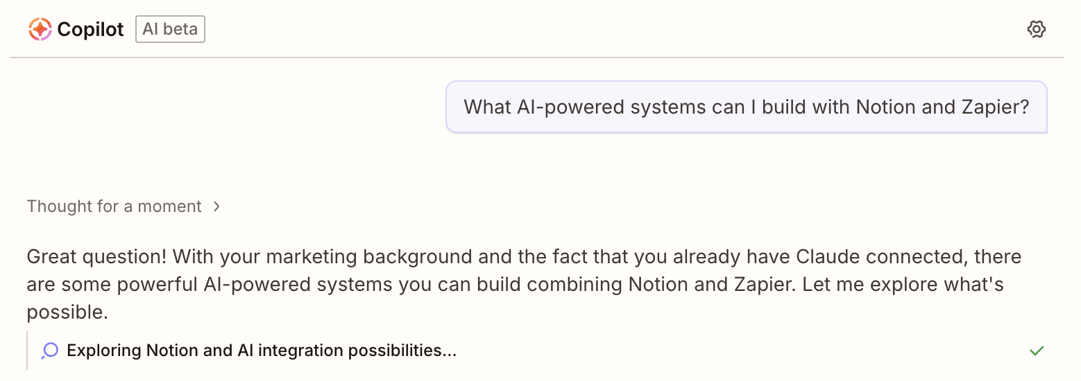 A conversation with Zapier Copilot, an AI-powered assistant in Zapier