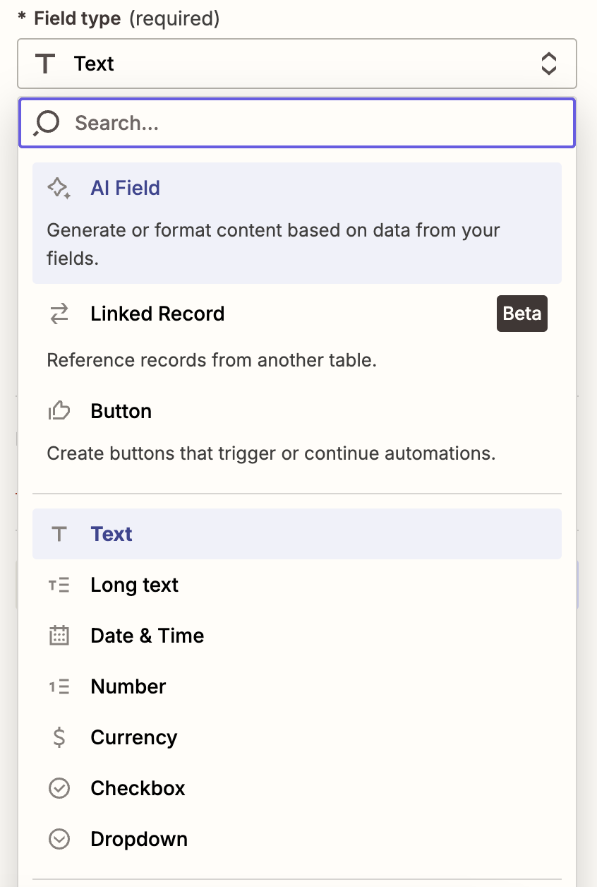 Screenshot of field types