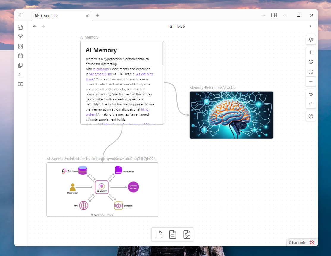 A Canvas connecting notes in Obsidian