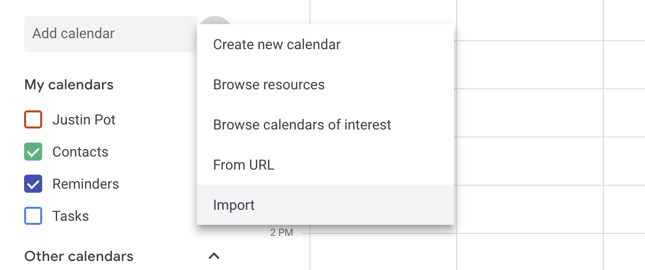 Google Calendar import options