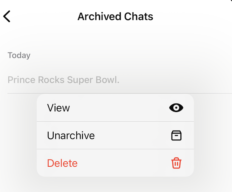 List of archived chats in the ChatGPT mobile app with options to view, unarchive, or delete an archived chat.