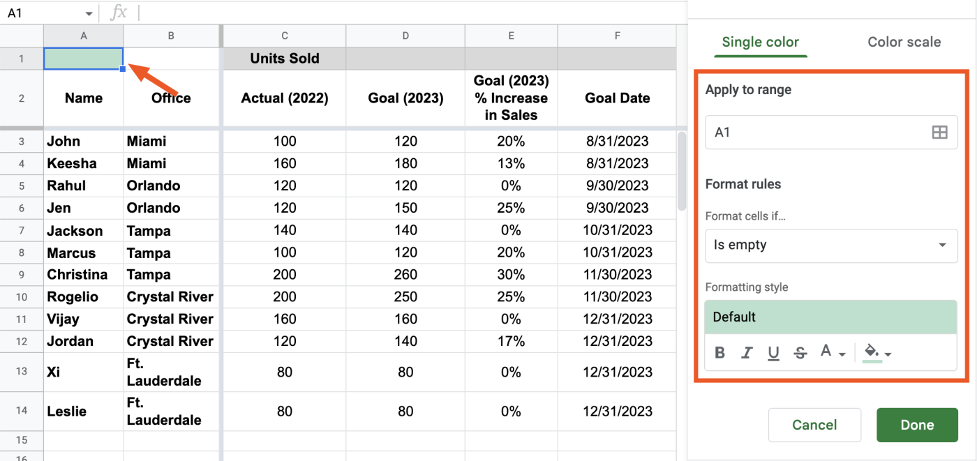 Portion of Google Sheets spreadsheet. Cell A1, which is empty, is filled with light green.