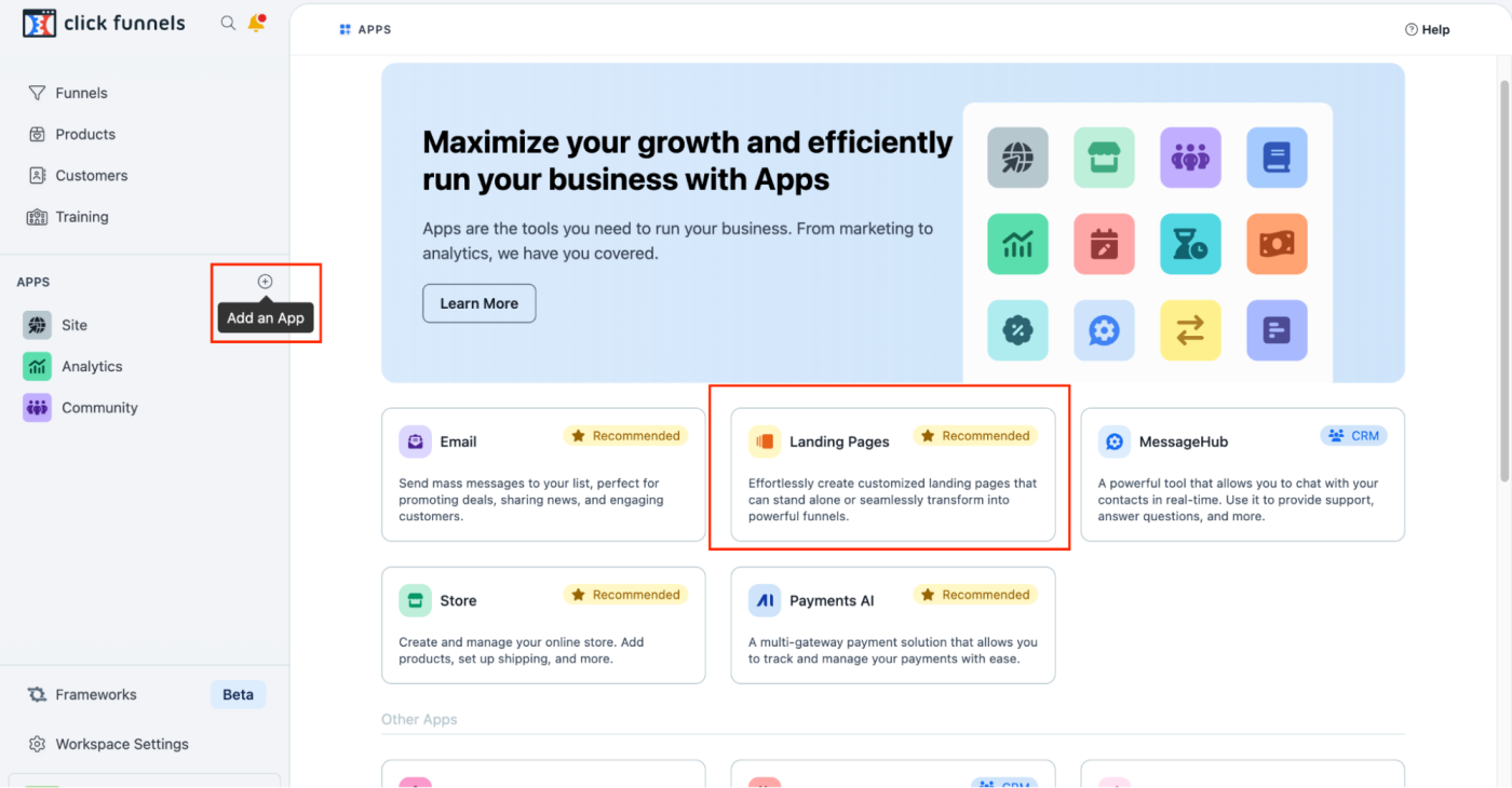 The "Add an App" and "Landing Pages" option on ClickFunnels