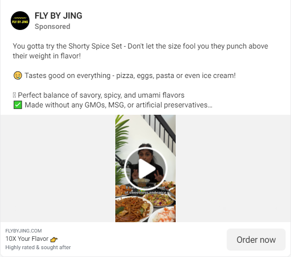 A Facebook ad for Fly By Jing's Shorty Spice Set