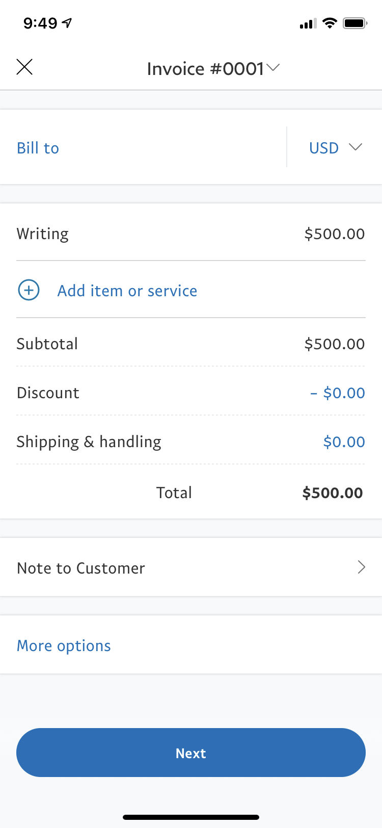 Creating an invoice on the go with the PayPal Business app.
