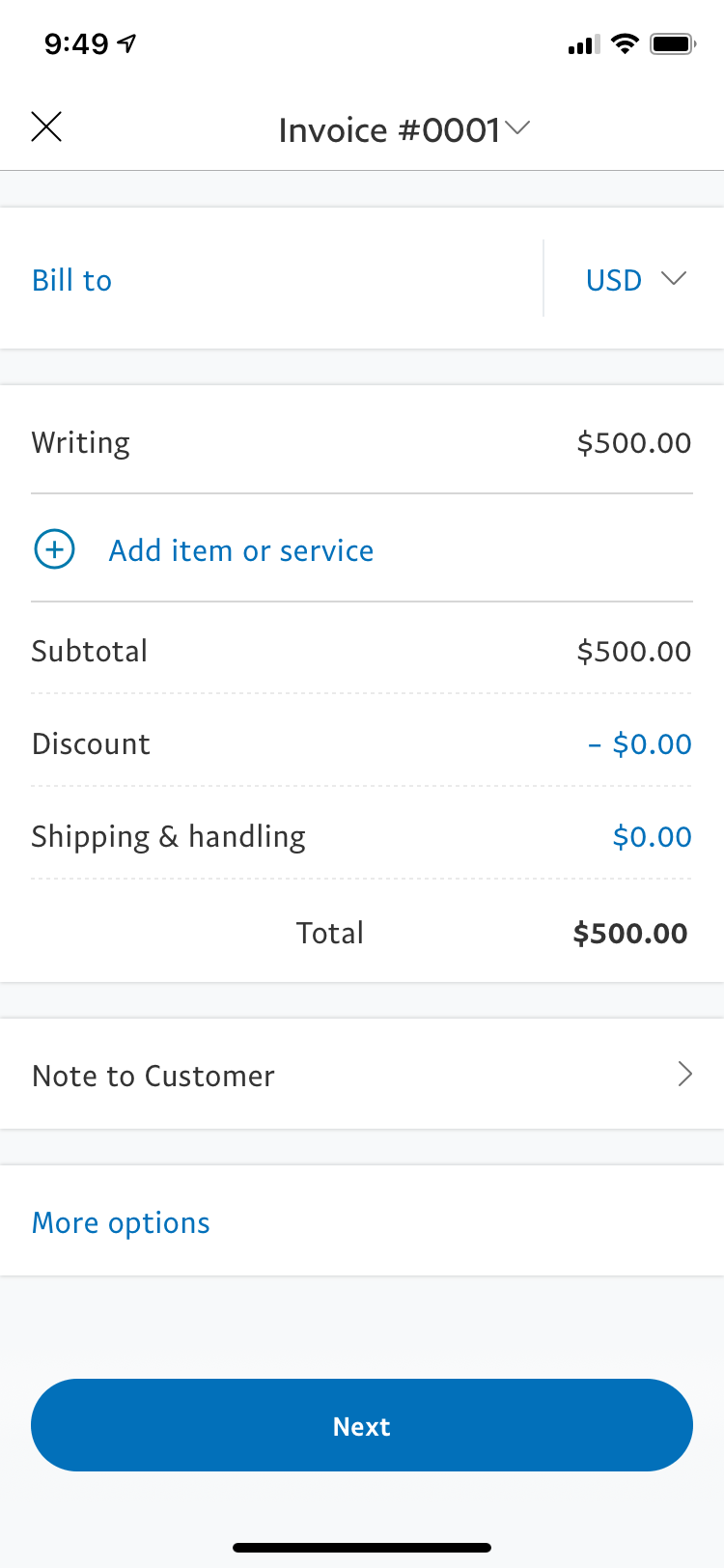 Creating an invoice on the go with the PayPal Business app.