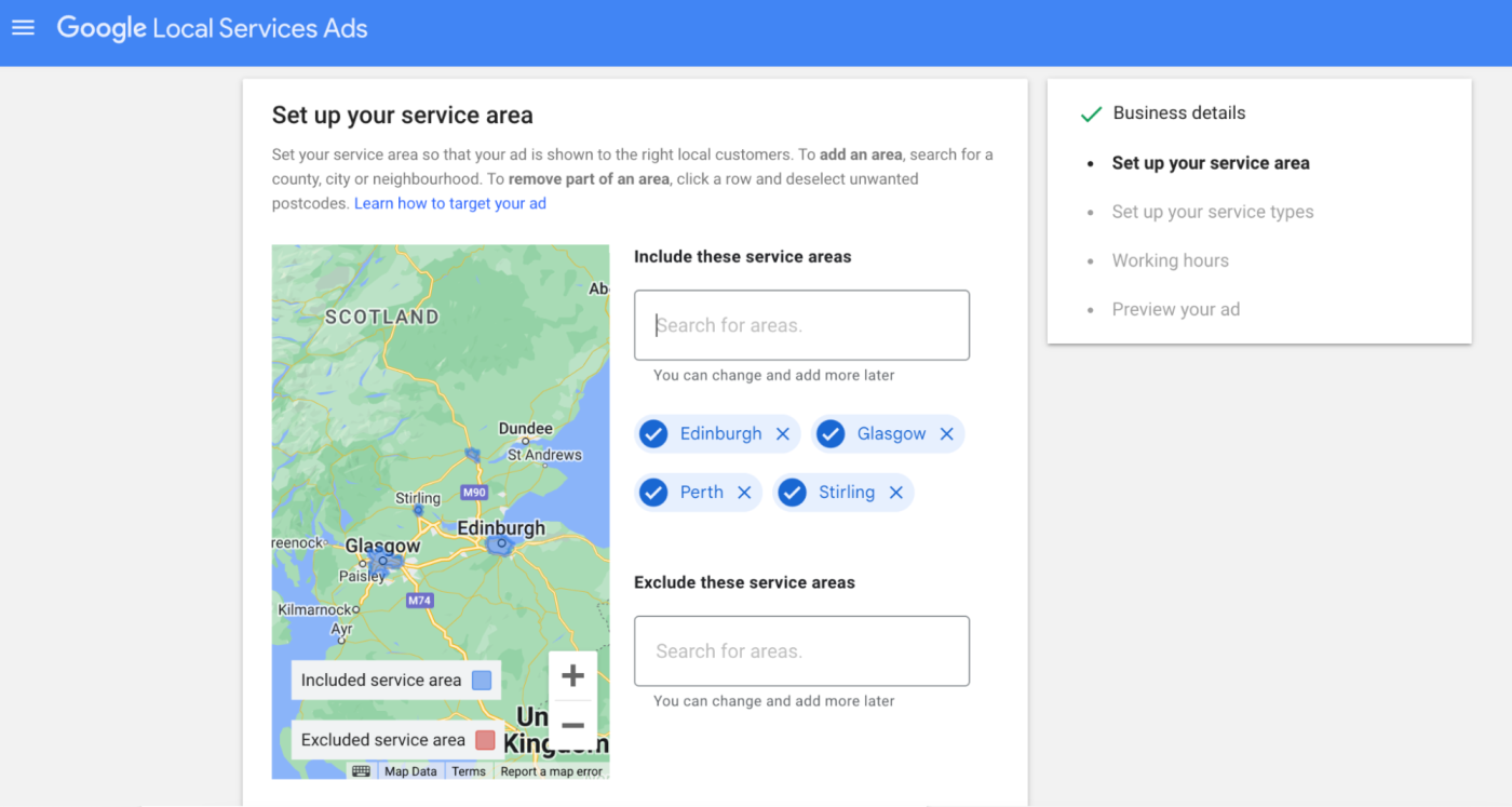 Google Local Services Ads page to set up your service area and types of services offered.