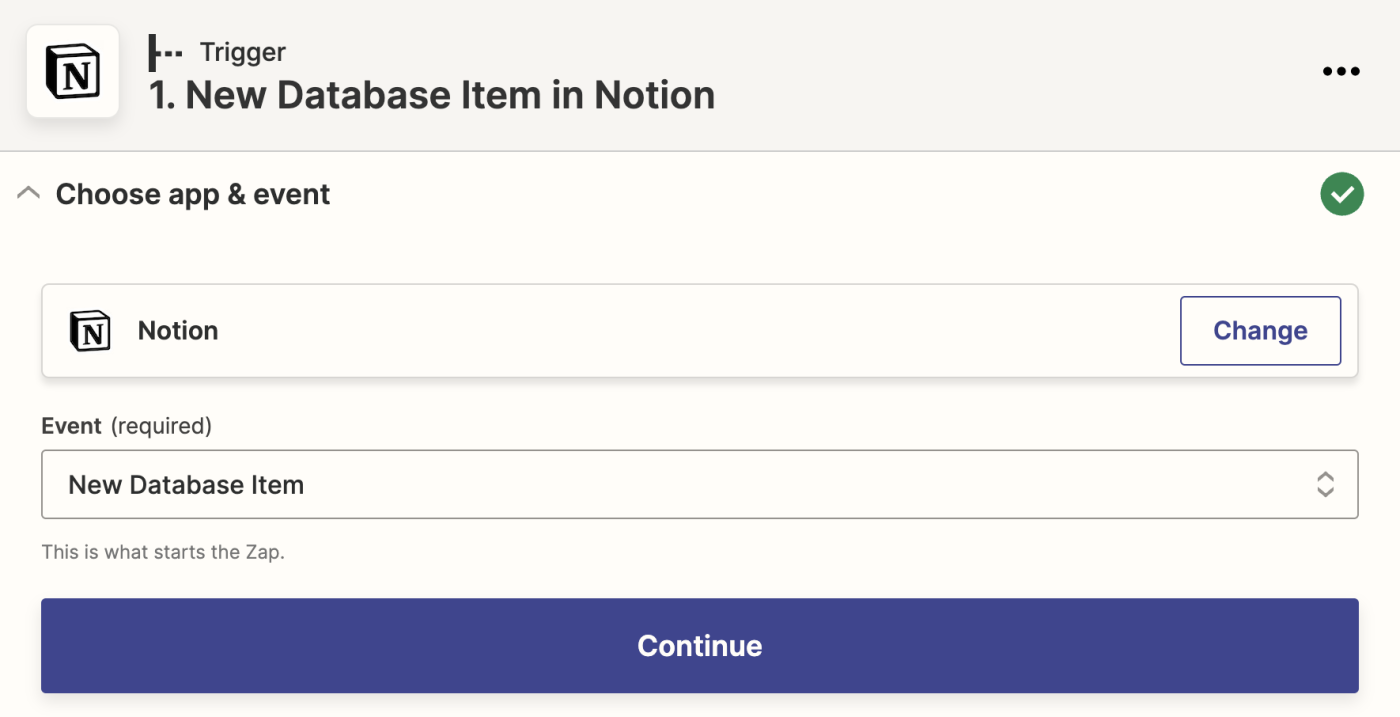 The Notion app logo is shown above New Database Item selected in the Event field. 