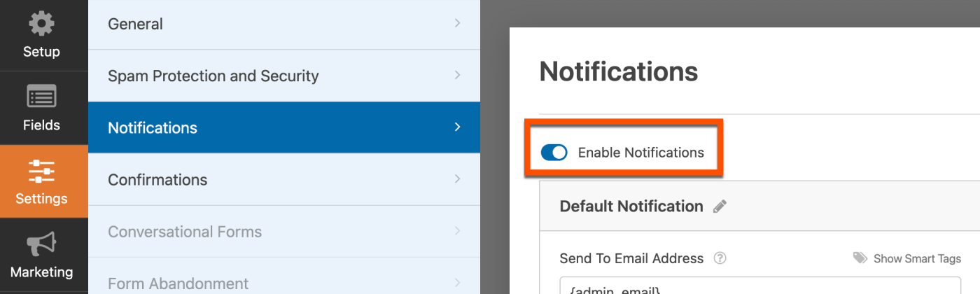 WPForms email notifications enabled